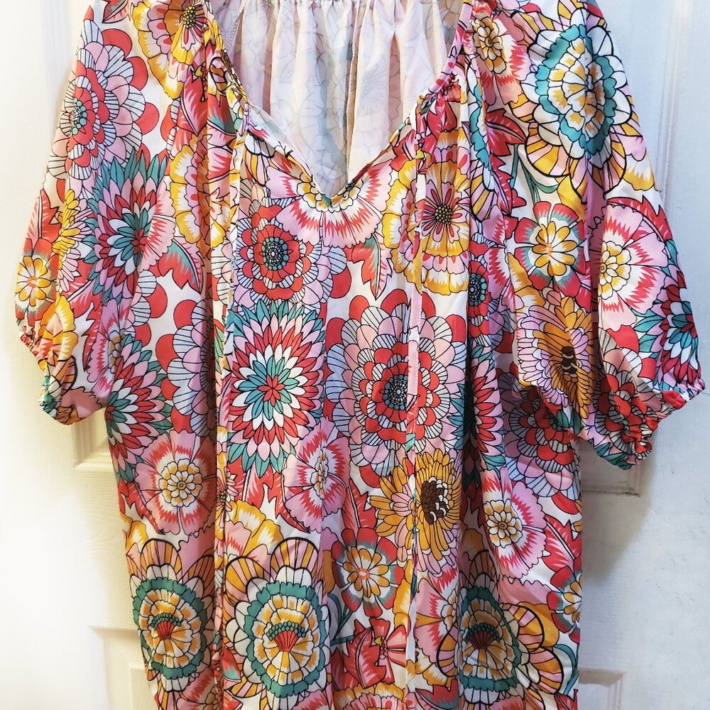 New Plus Tassel Pink Floral Print Tie Neck Blouse with strings 2XL